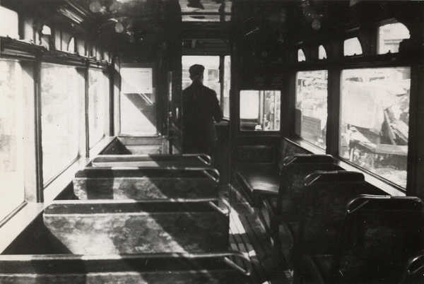 inside lower deck of tram